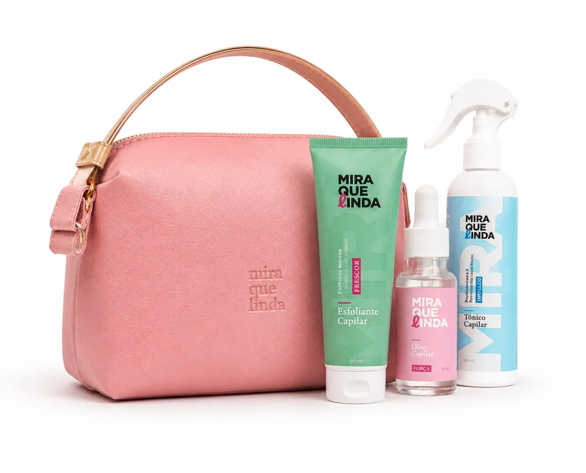Kit de pré-lançamento Mira Que Linda com necessaire-bolsa, gua sha e o trio de scalp care